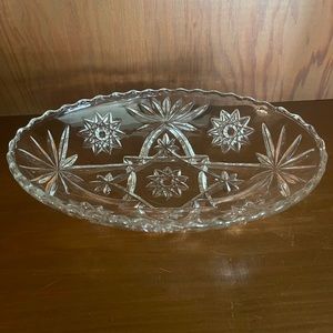 Vintage Oval Cut Glass Serving Dish with Starburst Pattern